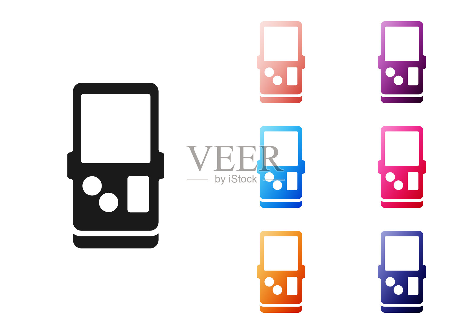 黑色便携式俄罗斯方块电子游戏图标孤立的白色背景。复古风格口袋砖游戏。互动游戏设备。设置图标丰富多彩。向量图标素材