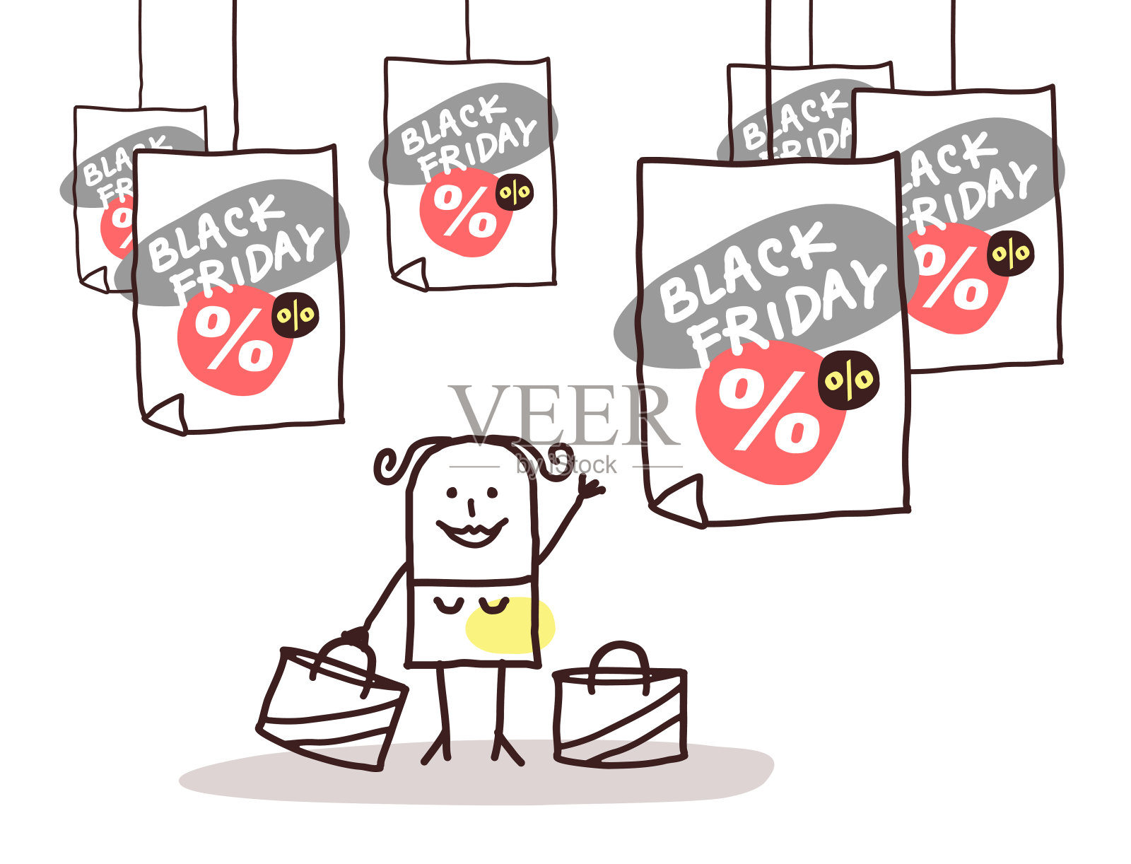 拿着购物袋和黑色星期五告示板的卡通女人设计元素图片
