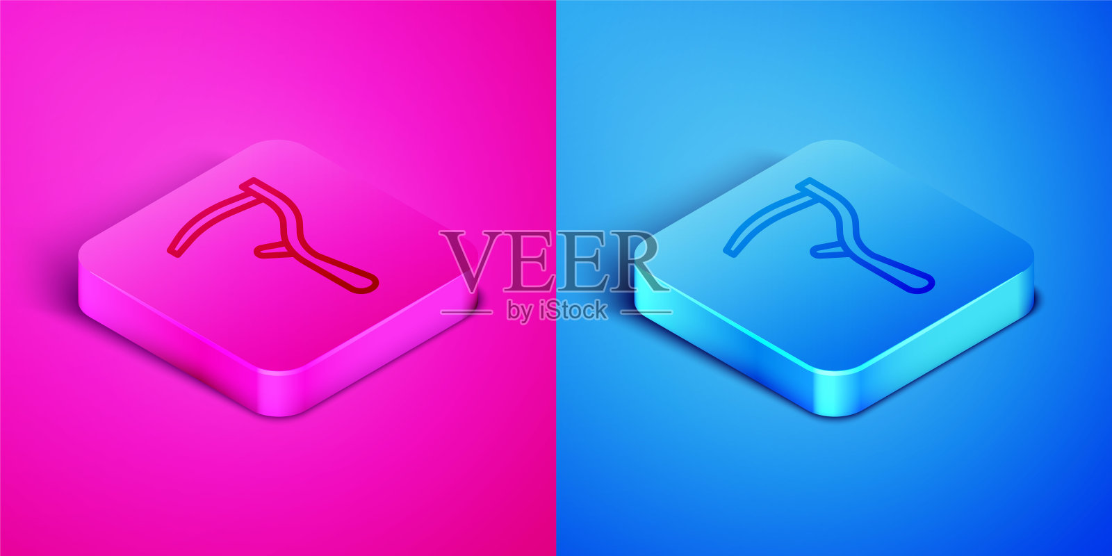 粉蓝色背景的2.5D等距线镰刀图标。万圣节派对方形按钮。矢量图图标素材