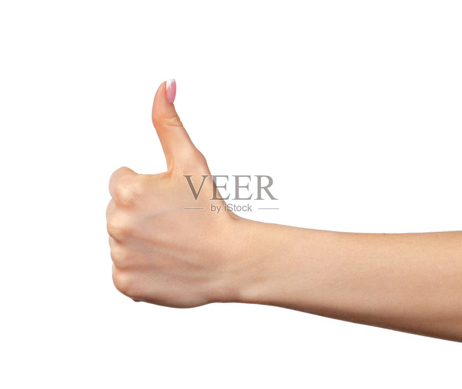 女性手指向上的手势孤立在白色上。照片摄影图片