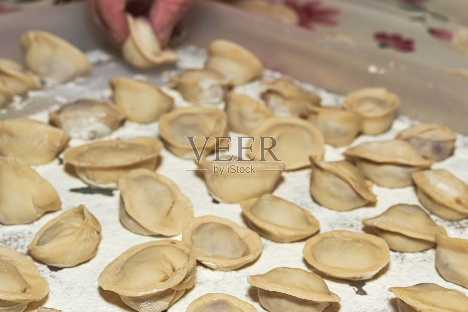 生饺子与肉在桌上撒上白面照片摄影图片