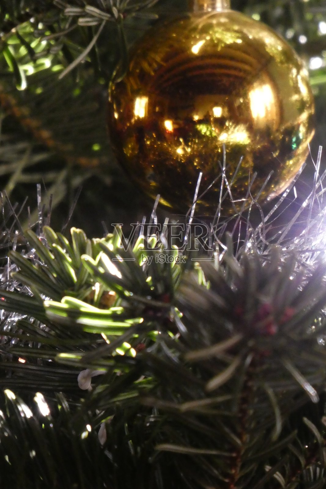 黄色的圣诞球在冷杉与阳光照片摄影图片