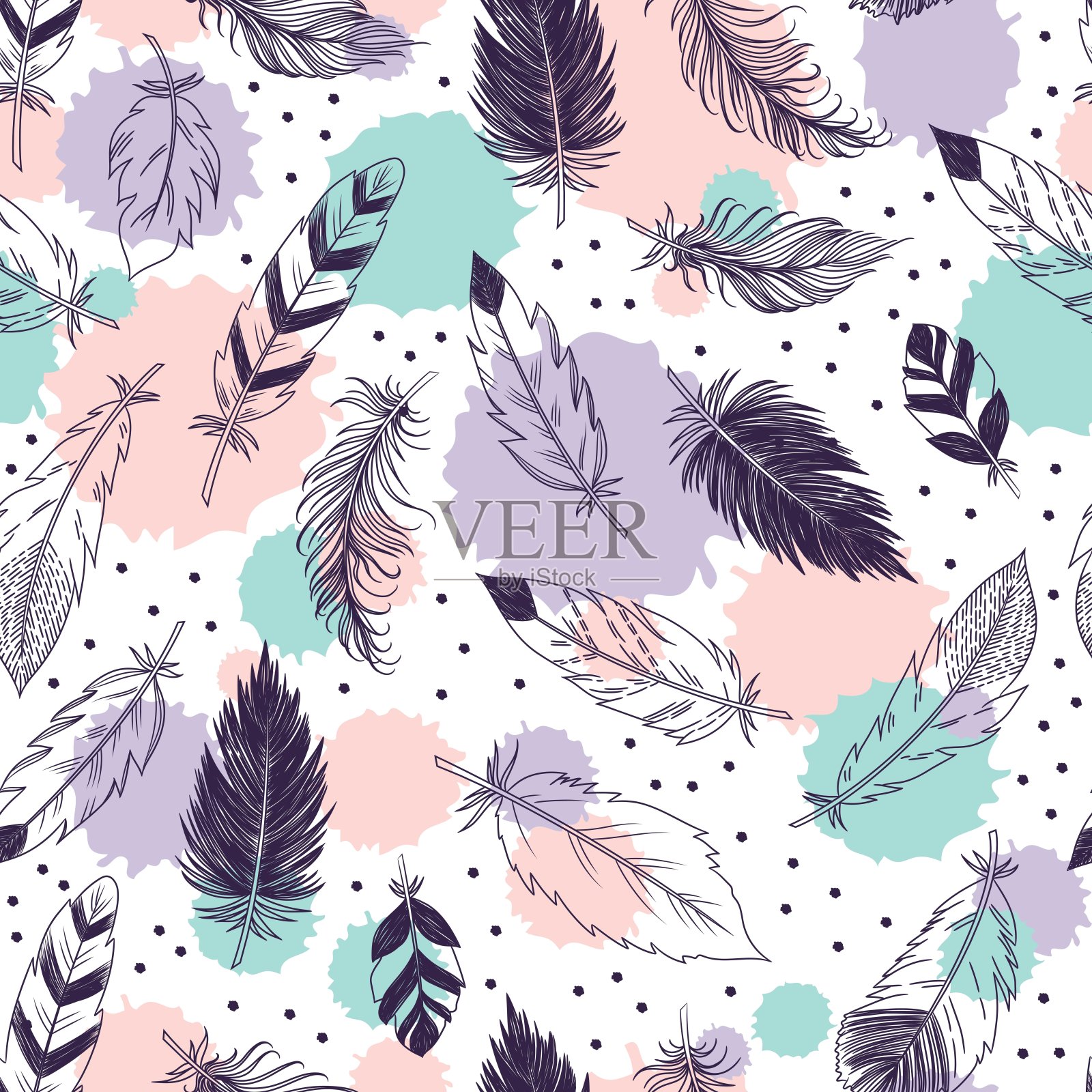 矢量无缝羽毛图案在波西米亚风格插画图片素材