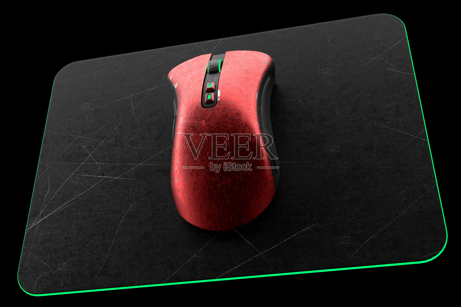 使用金属红色游戏鼠标与划痕专业垫隔离黑色照片摄影图片