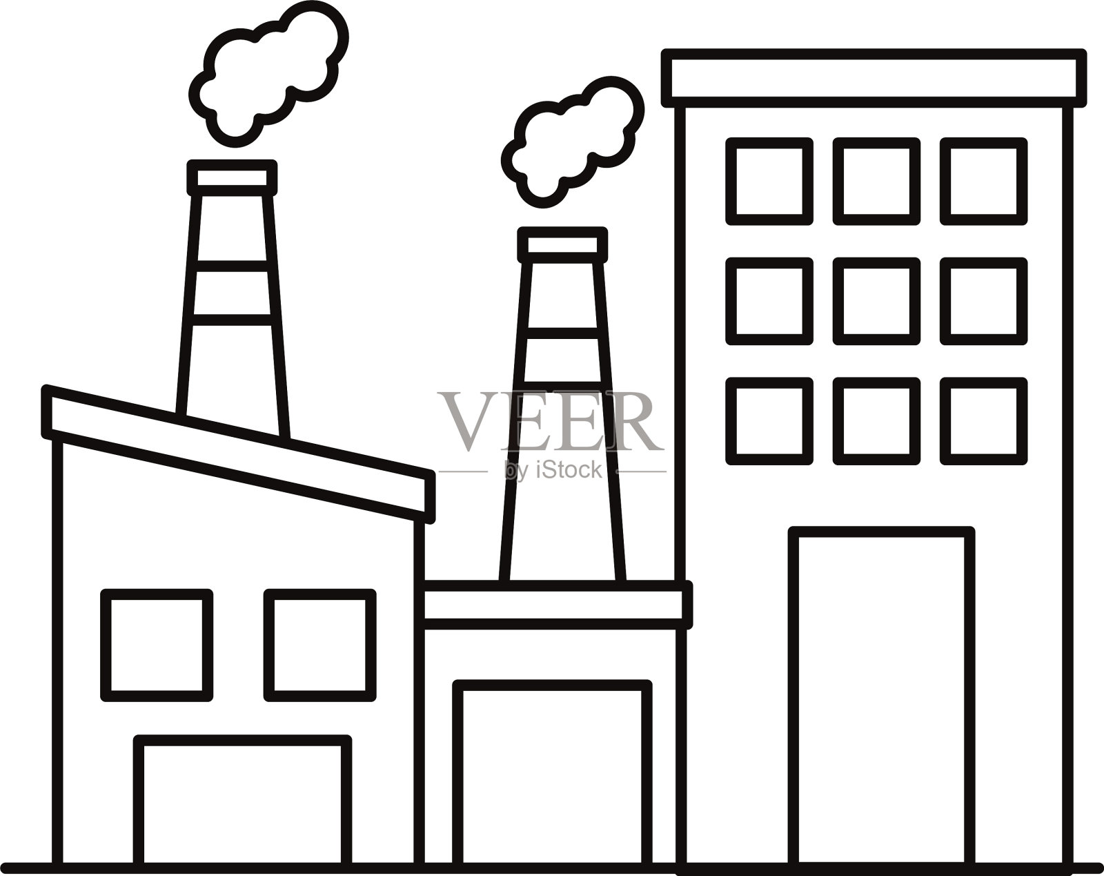 工业厂房和烟囱线条样式图标素材