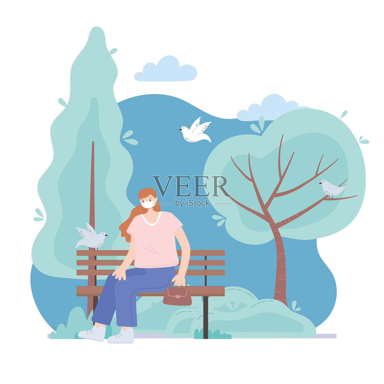 年轻女子戴着医用口罩坐着设计元素图片