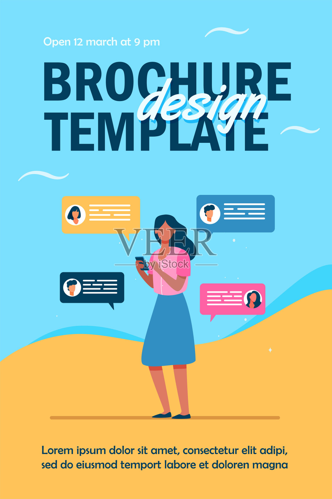 年轻女子通过智能手机与朋友聊天插画图片素材