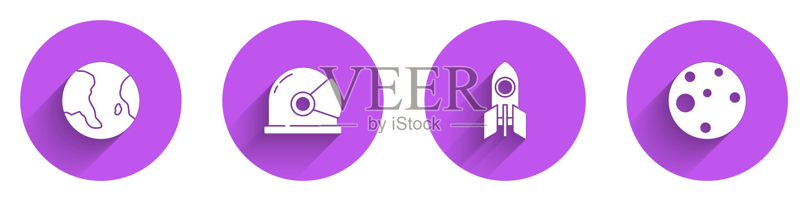 设置地球地球仪，宇航员头盔，火箭飞船和行星火星图标与长影子。向量插画图片素材