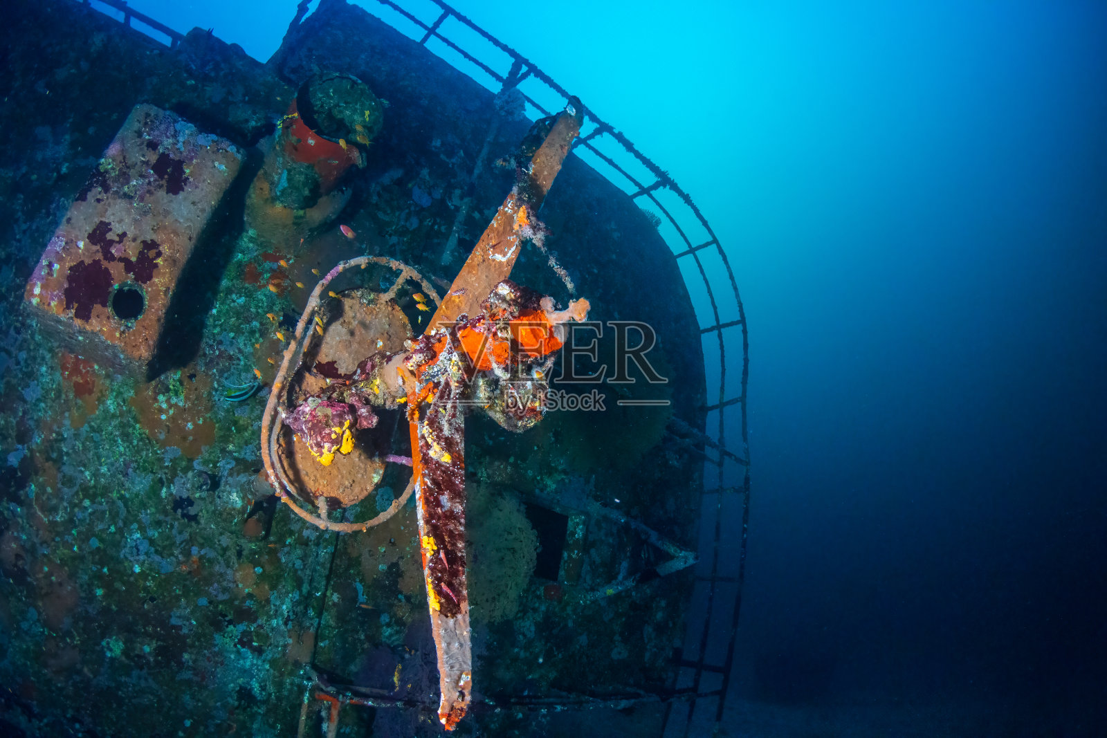 在海底热带珊瑚礁附近的一艘巨大的倾覆的沉船照片摄影图片