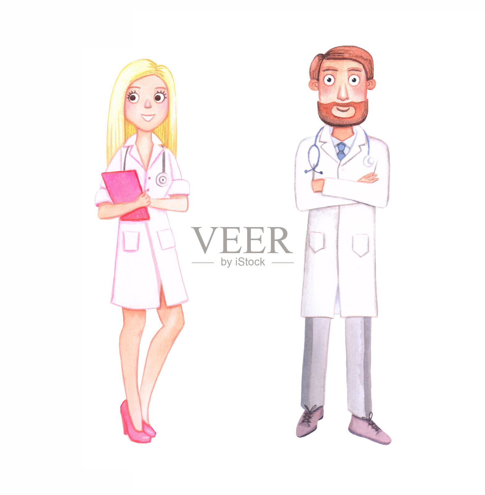 水彩人物。医生男，深色头发，留着胡子，穿着白色外套，衬衫上系着蓝色领带，带着听诊器设计元素图片