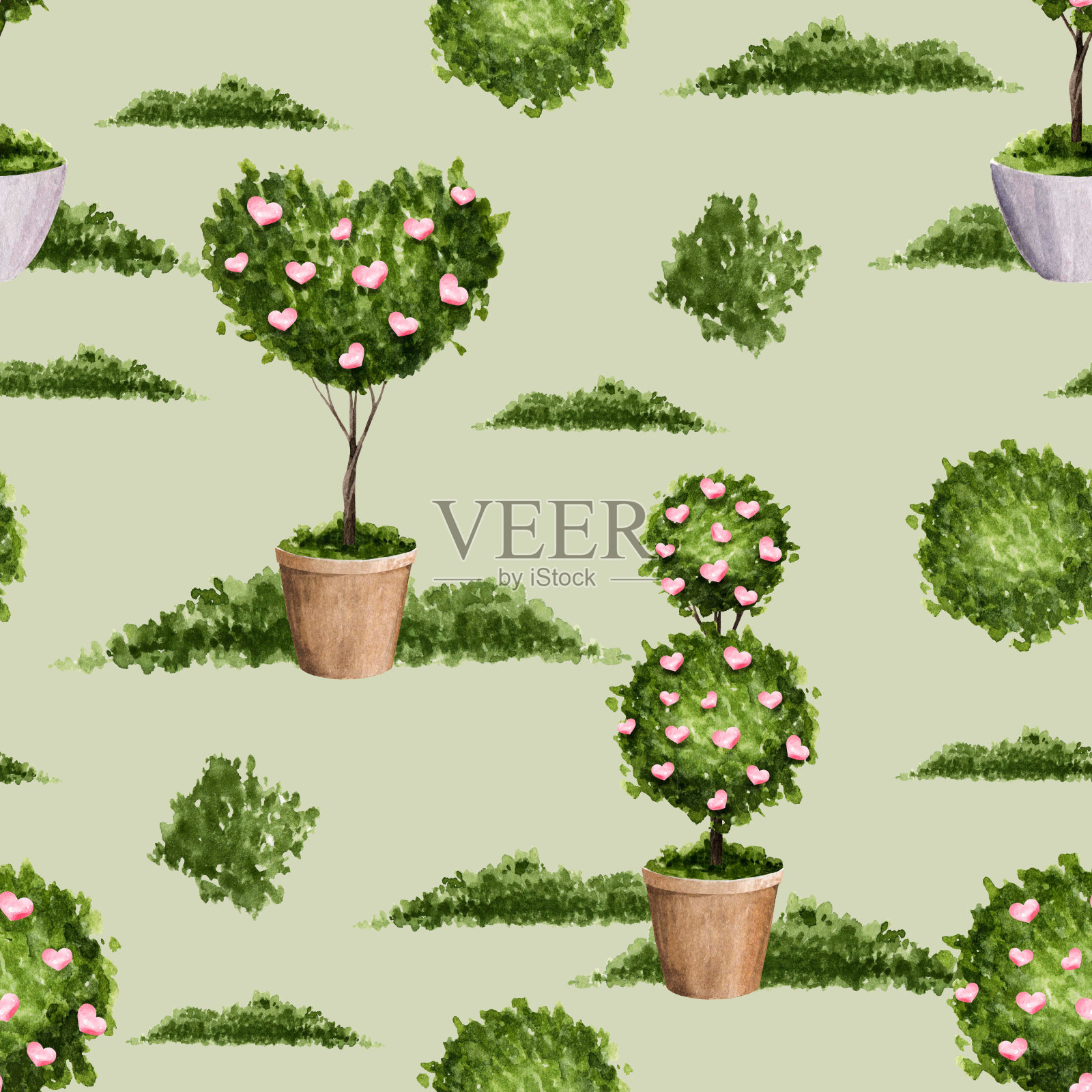 以绿色植物和粉红色的心为背景，在花盆中形成无缝的图案。适用于礼品、服装、织物、器皿、书籍、包装等的水彩纹理设计。插画图片素材