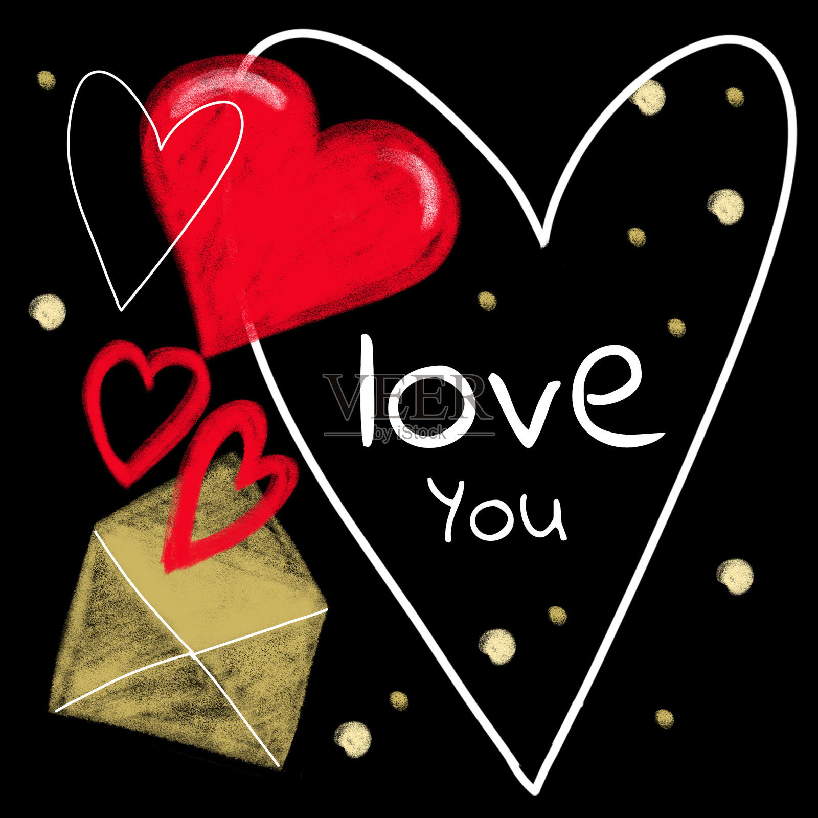 黑色背景上的心形情书插画插画图片素材
