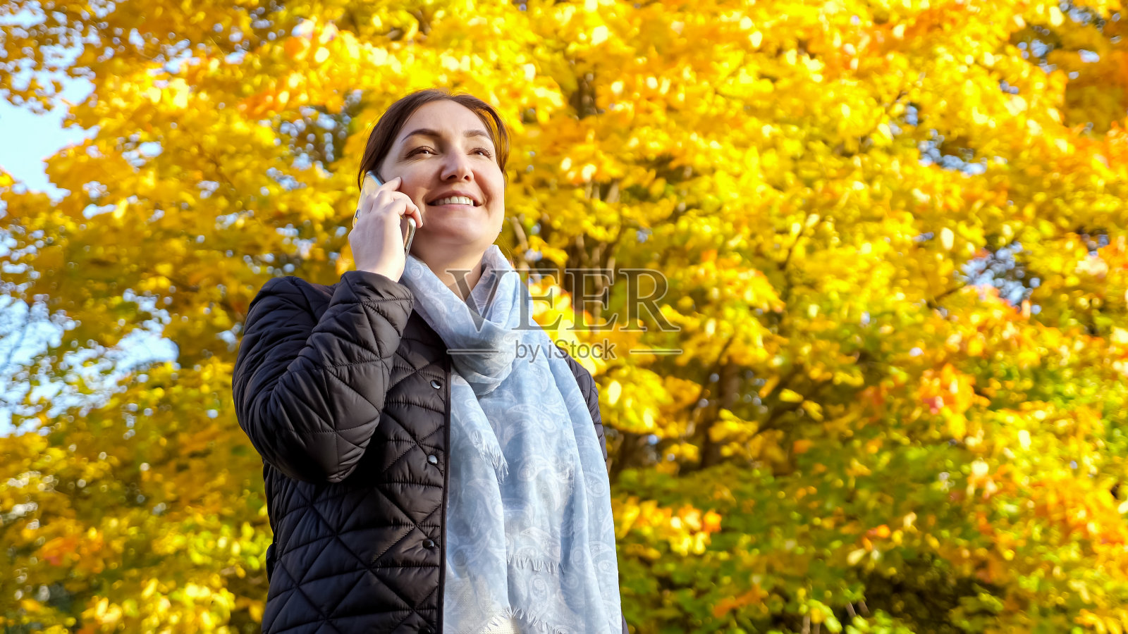 黑发女人在黄色的树的背景下讲电话照片摄影图片