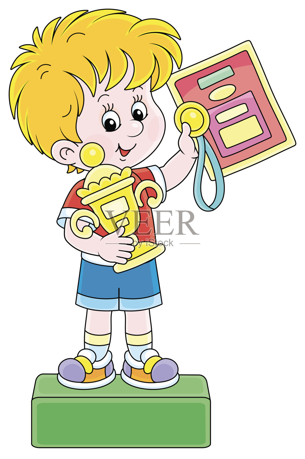 站在领奖台上拿着奖杯的小冠军插画图片素材