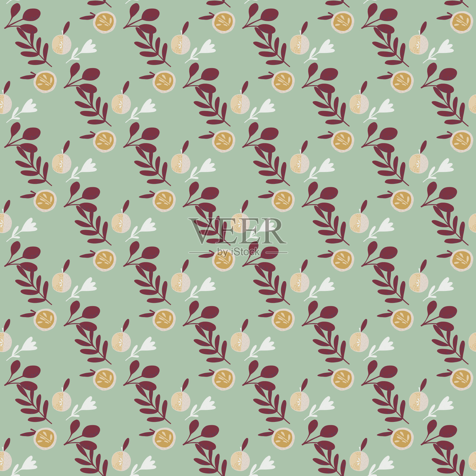 无缝复古有机图案与栗色叶和苹果装饰。蓝色背景。插画图片素材