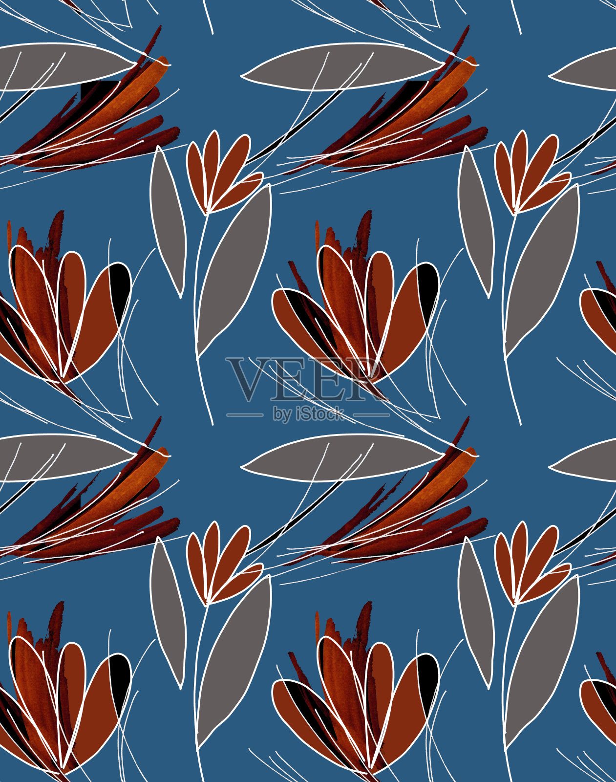 图形抽象的棕色花在蓝色无缝模式。插画图片素材