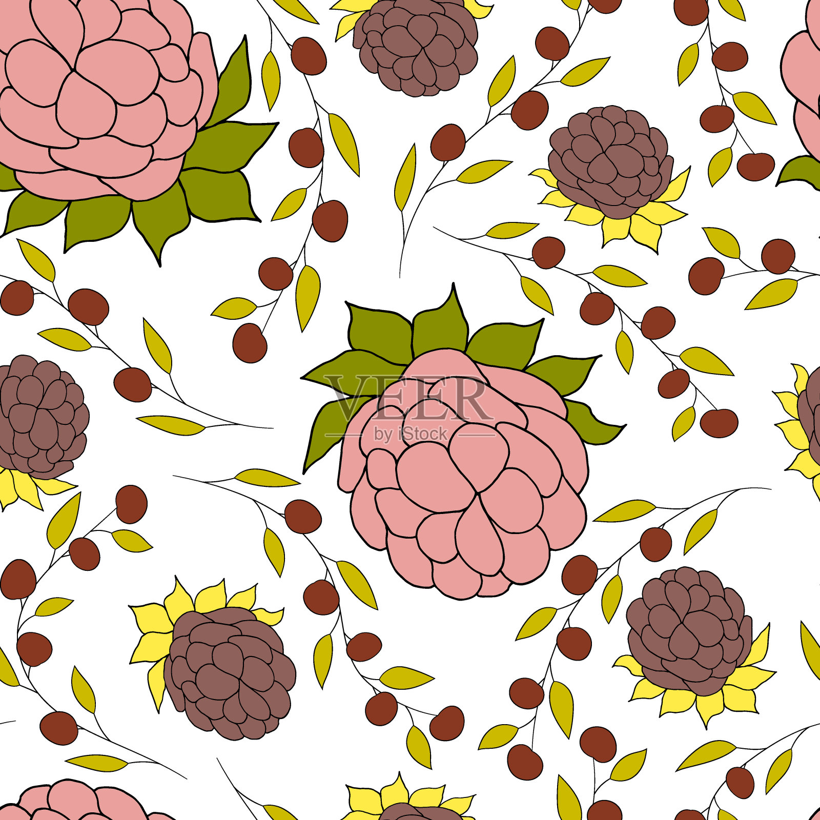 粉红色的花和栗色的浆果。插画图片素材