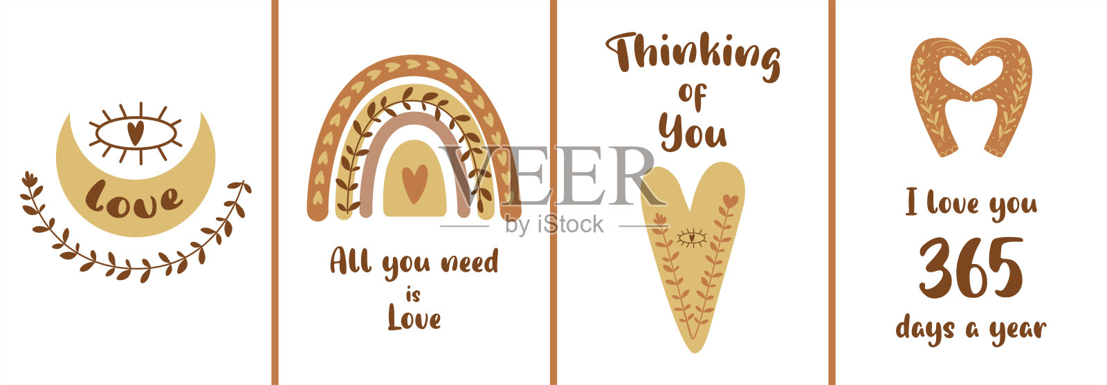 波西米亚风格的情人节贺卡套装。波希米亚的月亮，彩虹，心，手做心，手势。爱的旗帜集合。设计模板素材