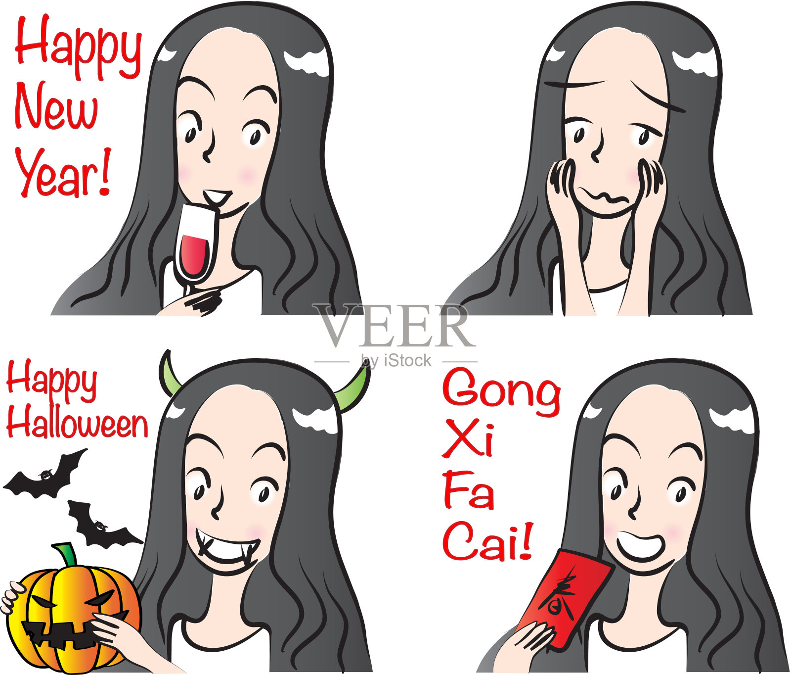 矢量卡通女孩表情包插画图片素材