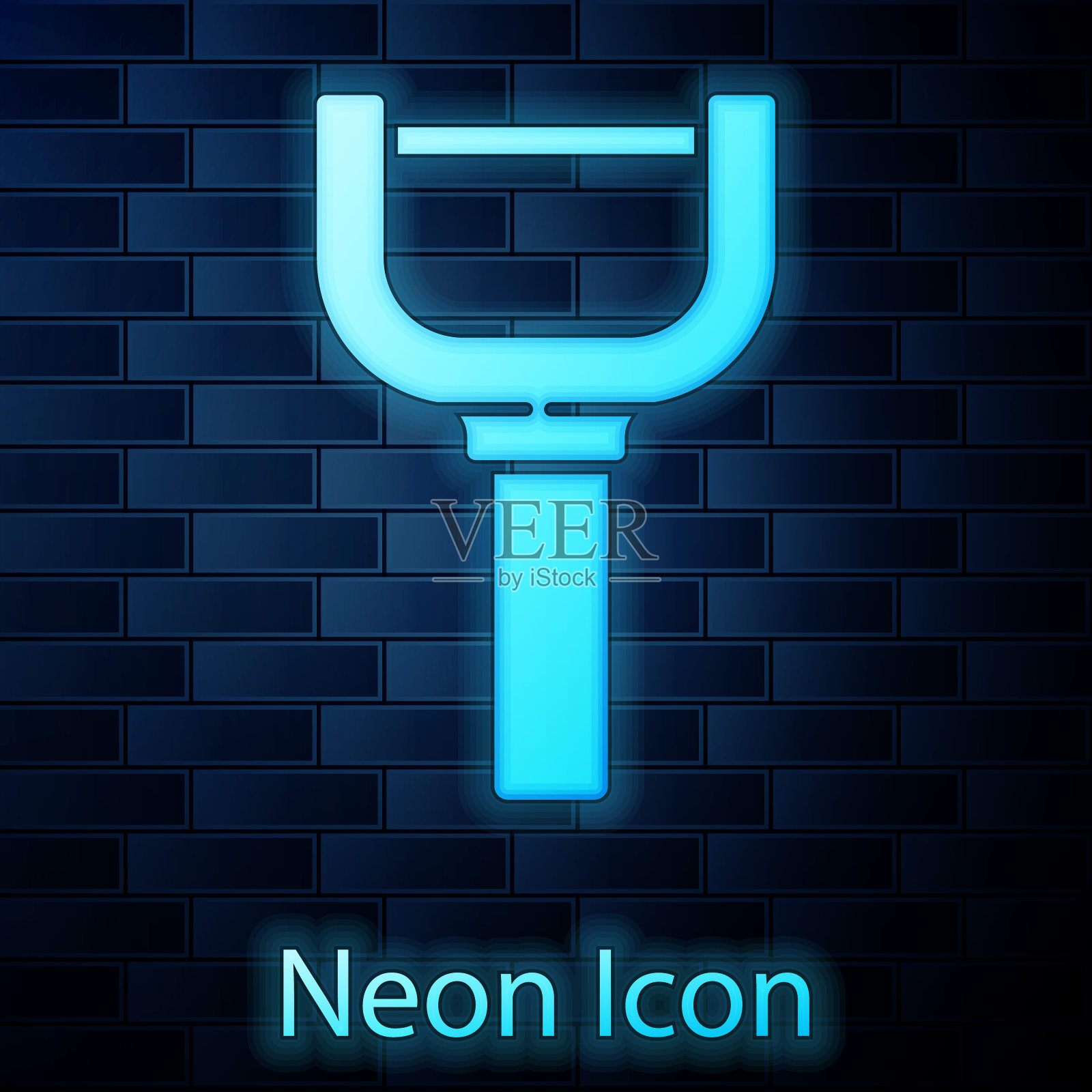 发光的霓虹灯剥皮图标孤立在砖墙背景上。清洗蔬菜用的刀。厨房物品,设备。向量插画图片素材