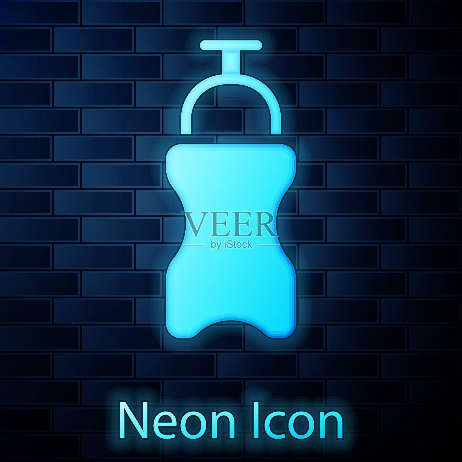 发光的霓虹灯运动瓶与水的图标隔离在砖墙的背景。向量插画图片素材