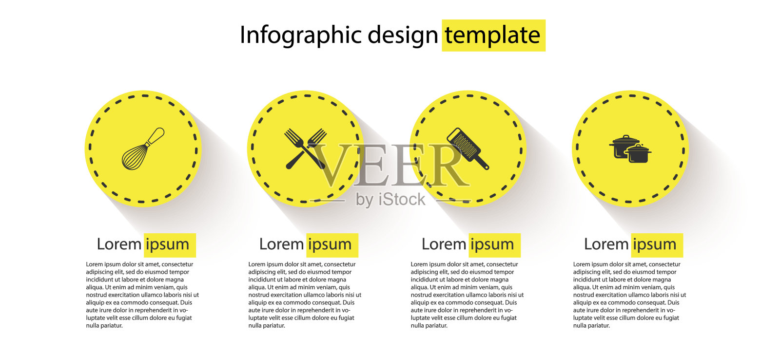 设置厨房搅拌器，交叉叉，刨丝器和烹饪锅。商业信息图模板。向量设计模板素材