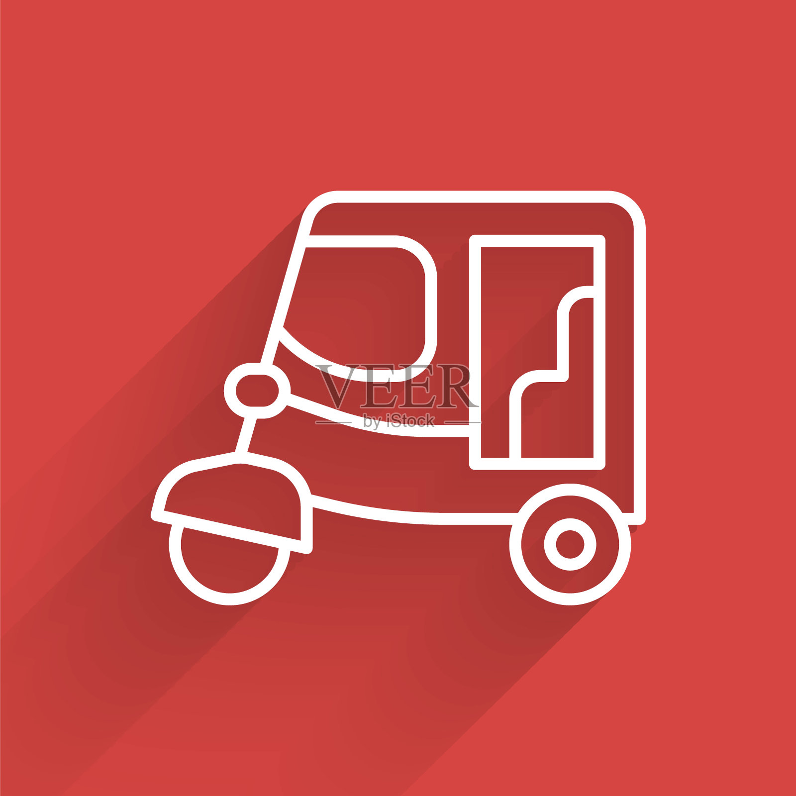 白线的士嘟嘟车图标孤立与长影子。印度人力车概念。德里的汽车。向量插画图片素材