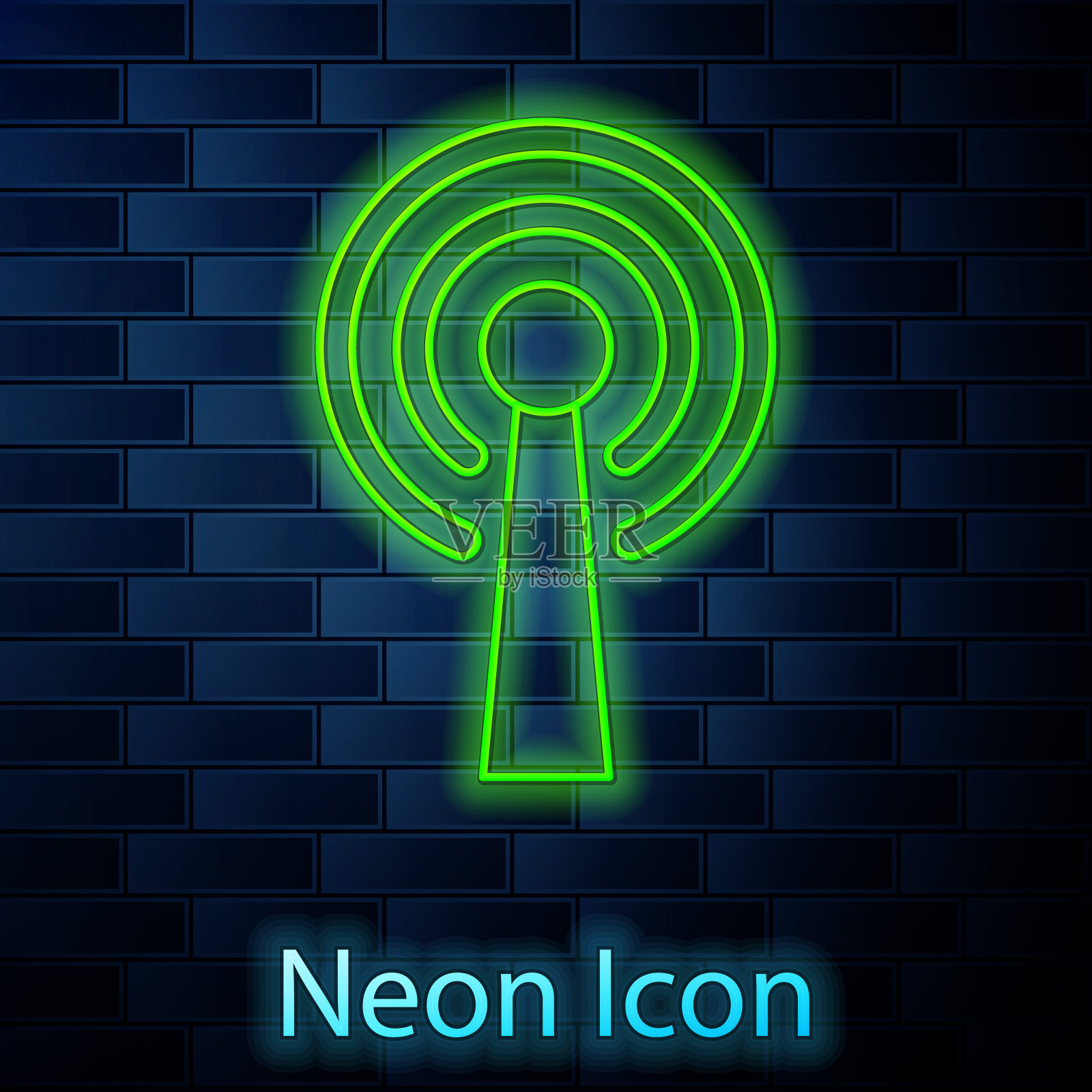 发光的霓虹灯线天线图标孤立在砖墙的背景上。无线电天线无线。无线天线与网络信号技术。向量插画图片素材