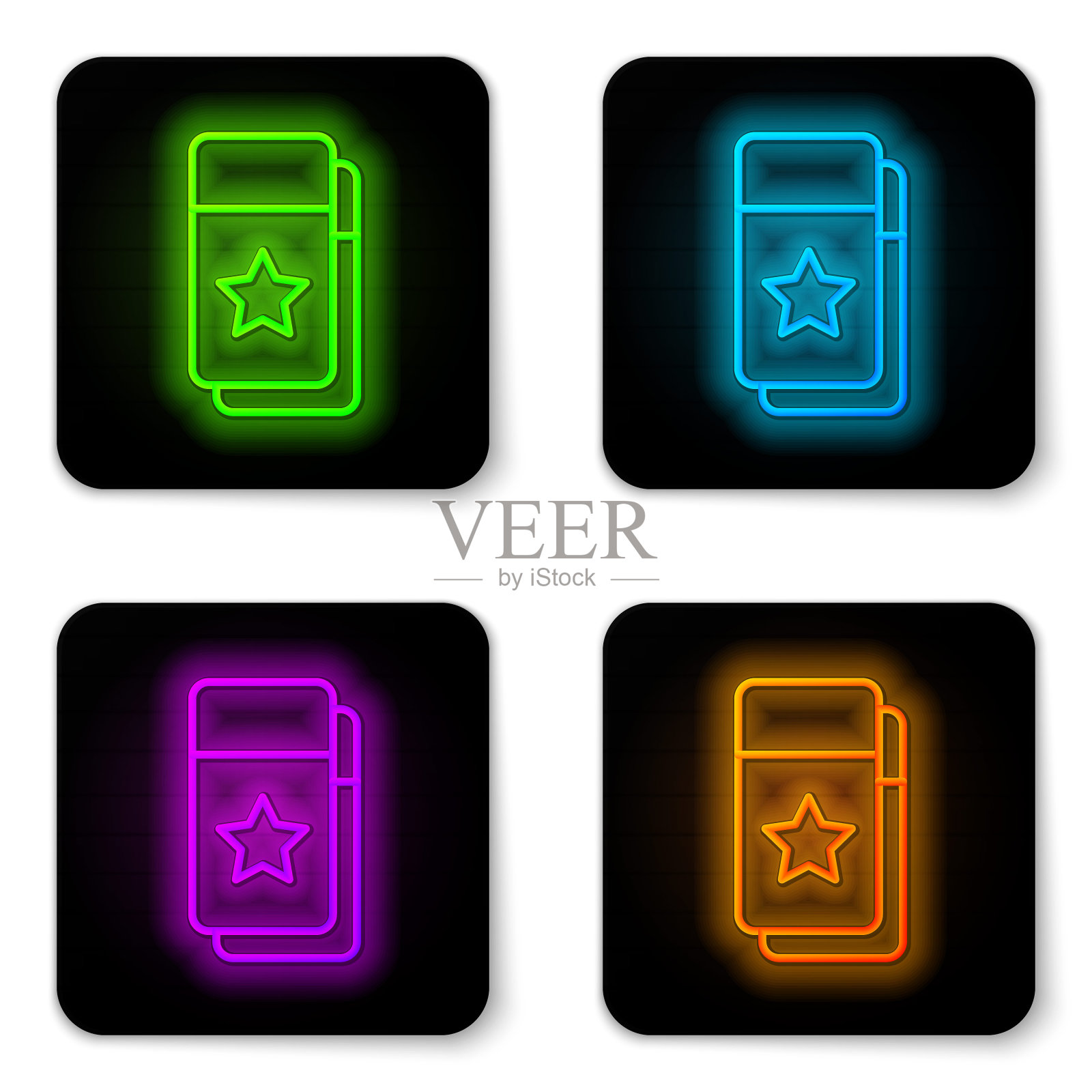 发光的霓虹灯线电影院票图标孤立在白色的背景。黑色方形按钮。向量图标素材