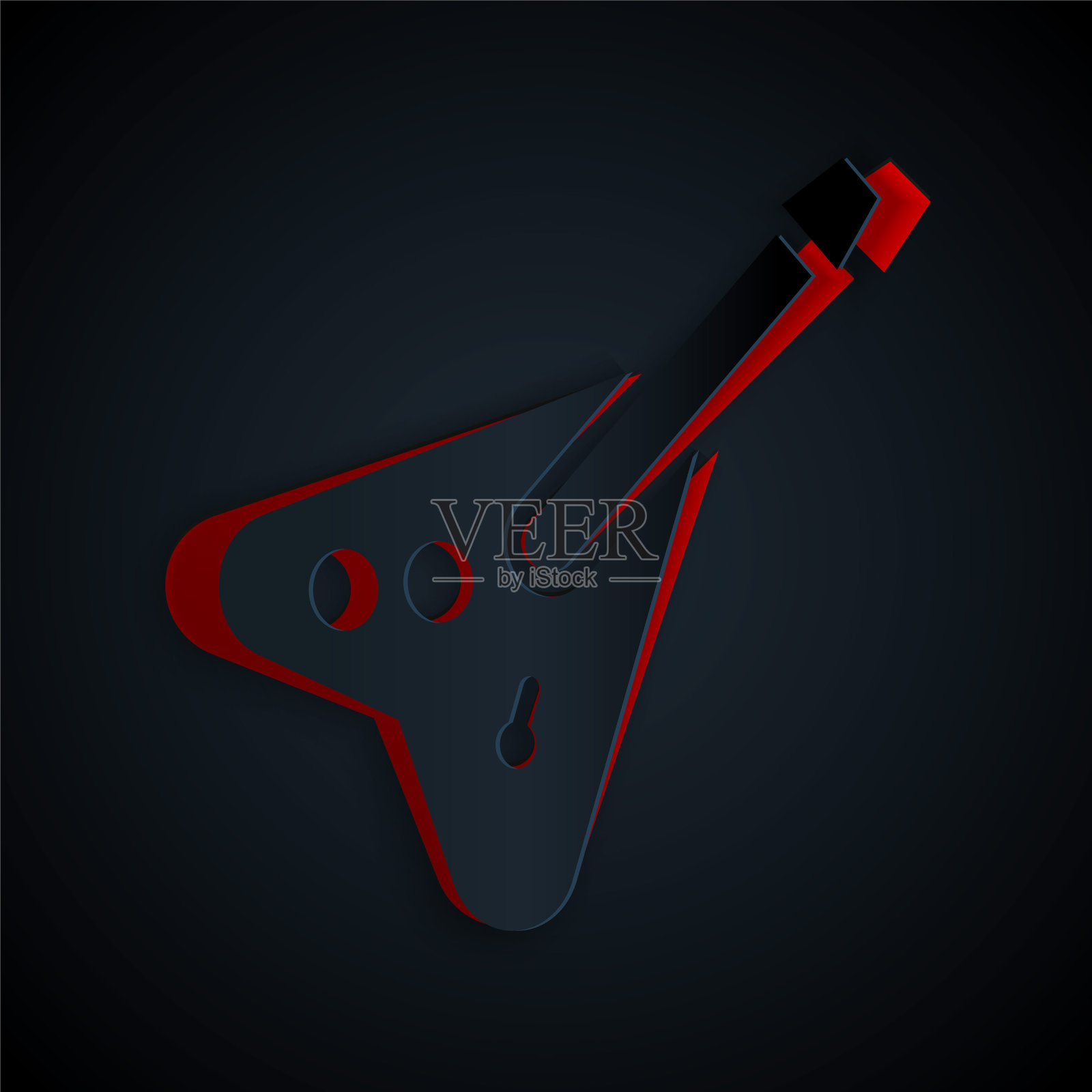 剪纸电子贝斯吉他图标孤立在黑色背景。纸艺术风格。向量插画图片素材