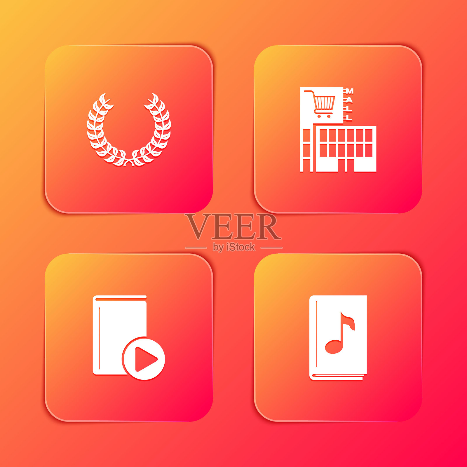 设置月桂花环，购物中心或超市大楼，有声图书和图标。向量图标素材