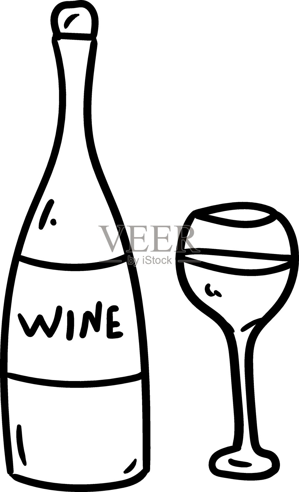 酒瓶和酒杯手绘涂鸦风格。温馨的家孤立的元素，简单，极简主义。斯堪的纳维亚hygge风格插画图片素材