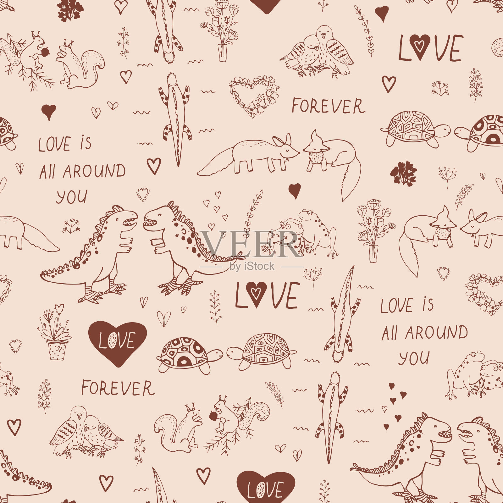 情人节动物情侣手绘图案插画图片素材