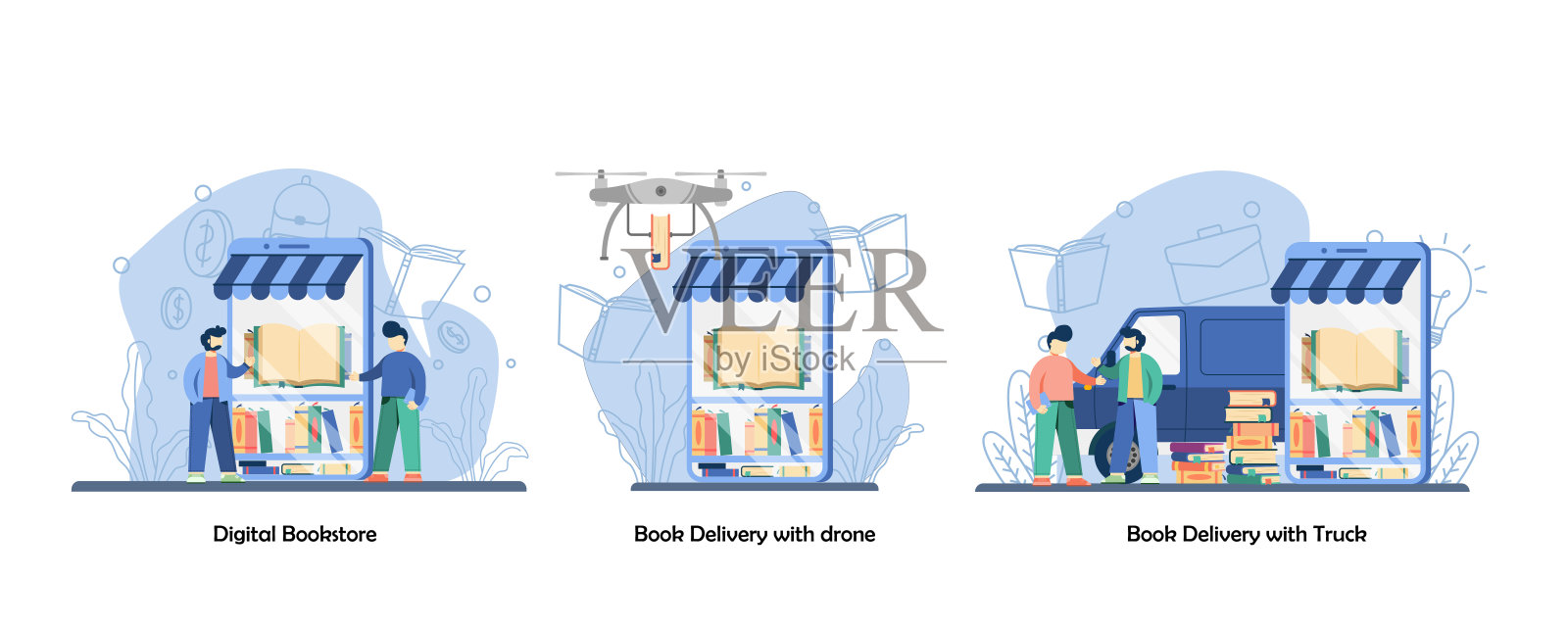 网上商店，送货单，网上图书图标设置。数字书店，无人机送书，卡车送书。矢量平面设计孤立概念隐喻插图插画图片素材