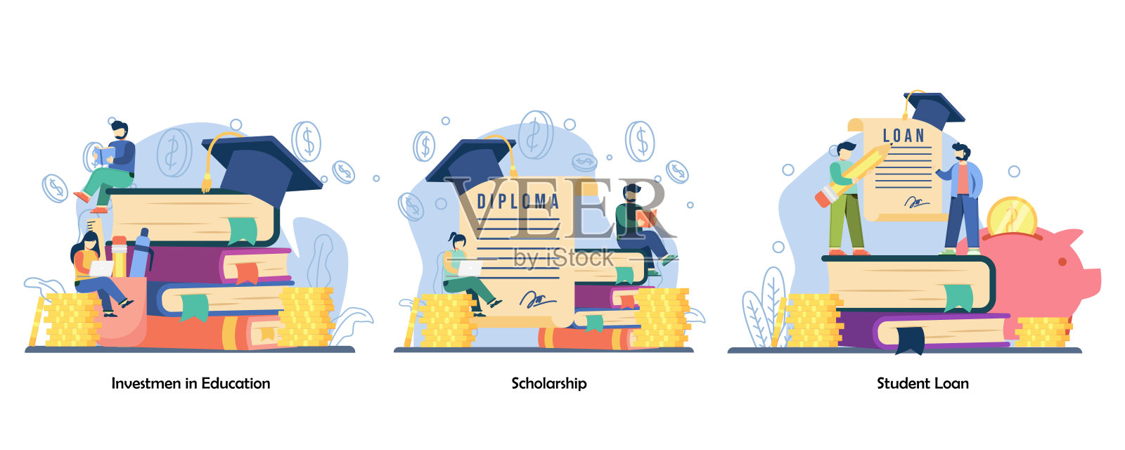 省钱，教育奖励，学生交换图标集。投资教育，奖学金，学生贷款。矢量平面设计孤立概念隐喻插图设计元素图片