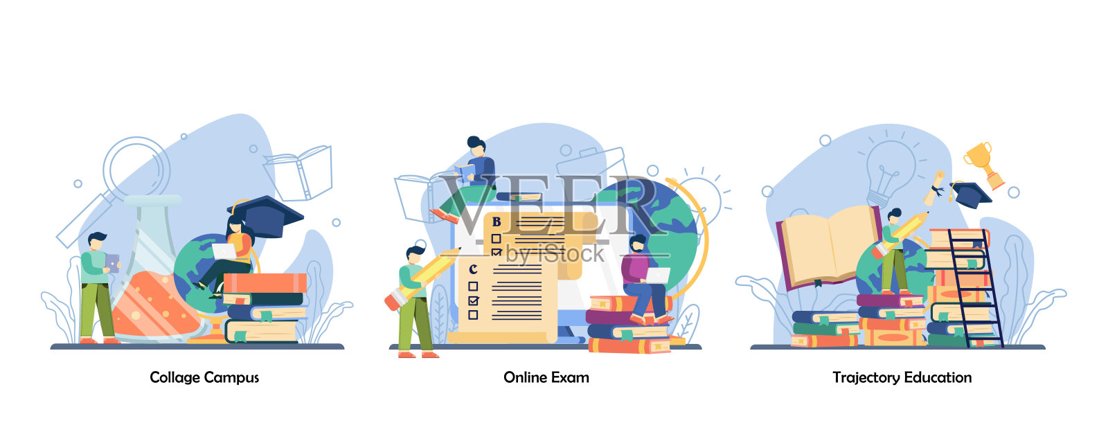 学生生活，考核考试，毕业图标集。大学校园，在线考试，轨迹教育。矢量平面设计孤立概念隐喻插图插画图片素材