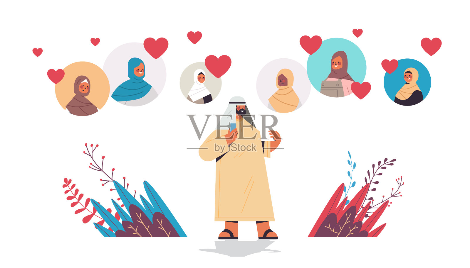 阿拉伯男子在网上与混血妇女聊天插画图片素材