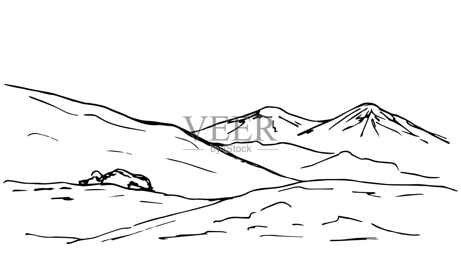 手绘简单的矢量草图在黑色轮廓。全景山景，丘陵，岩石地形，山区国家的野生动物。地理，旅游，旅游，露营。插画图片素材
