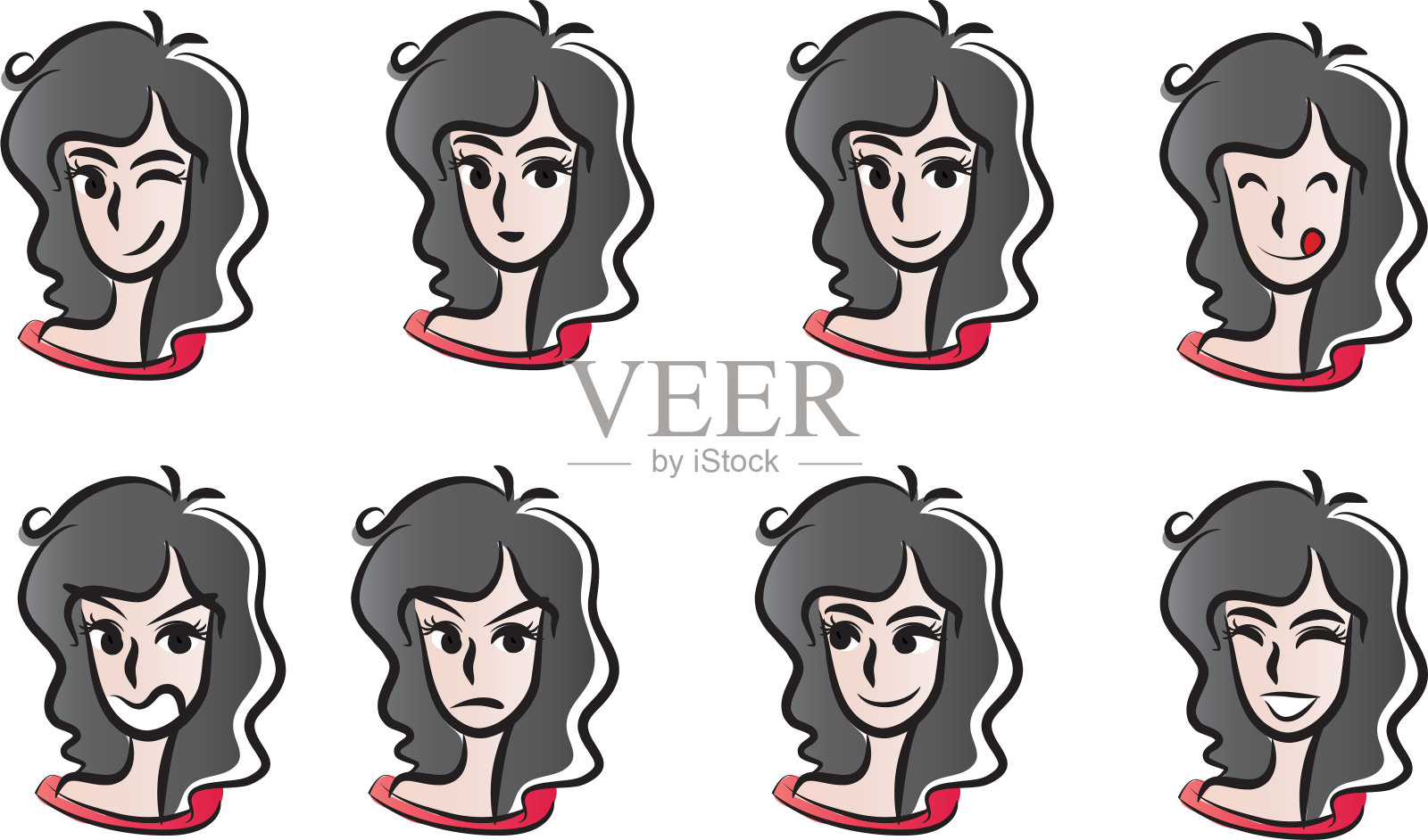 向量卡通长发女孩表情集设计元素图片