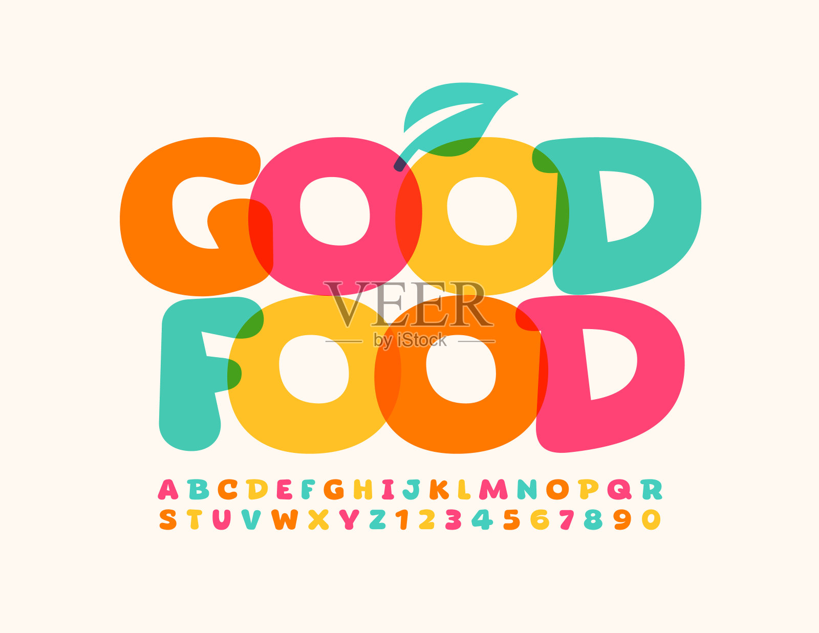 向量明亮的象征好食物与装饰叶。丰富多彩的创意字母和数字集插画图片素材