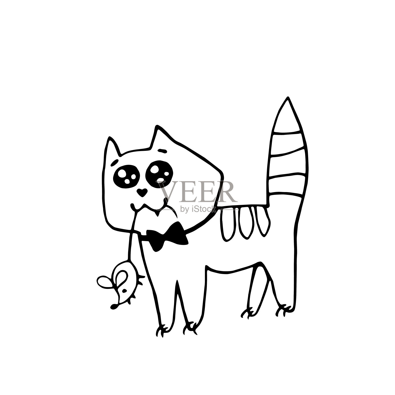 矢量可爱的轮廓猫与老鼠在它的牙齿。手绘涂鸦。爱的象征，礼物。简单的设计元素，贺卡，情人节，生日，着色书插画图片素材