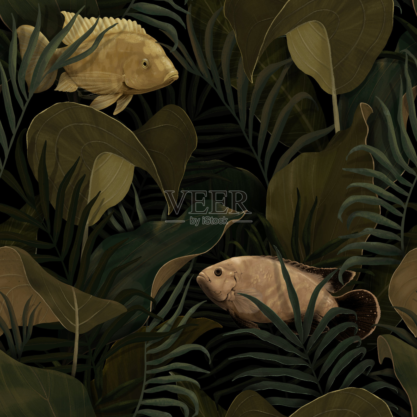 热带异域无缝图案与鱼和热带树叶。手绘的插图。插画图片素材