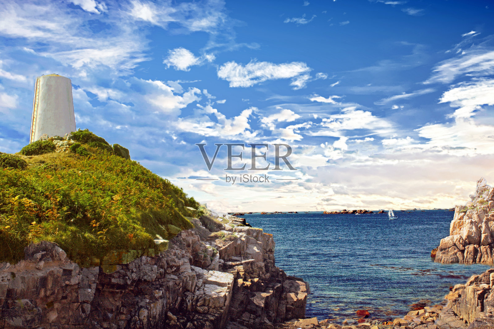 Brehat大区。野生海岸和白塔的全景。柯特斯d 'Armor。布列塔尼照片摄影图片