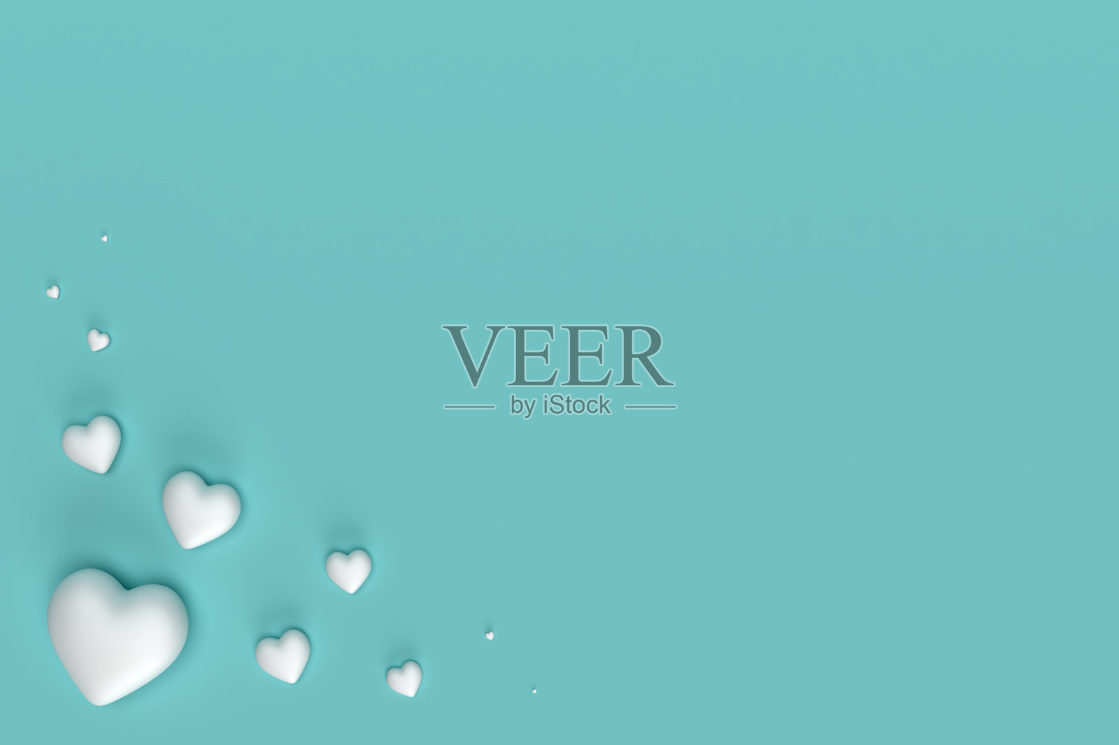 快乐的情人节背景与抽象的白色心形框图案在爱绿色墙纸。空白的浪漫的模板。三维渲染照片摄影图片