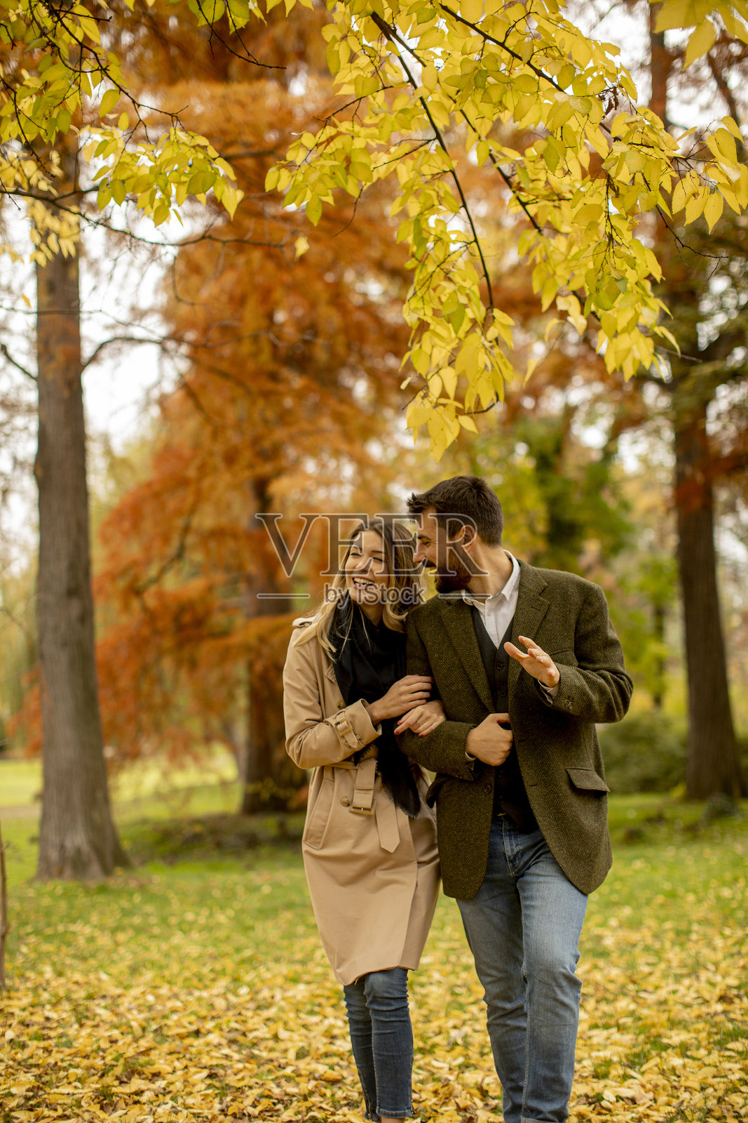 一对年轻夫妇在秋天的公园里散步照片摄影图片