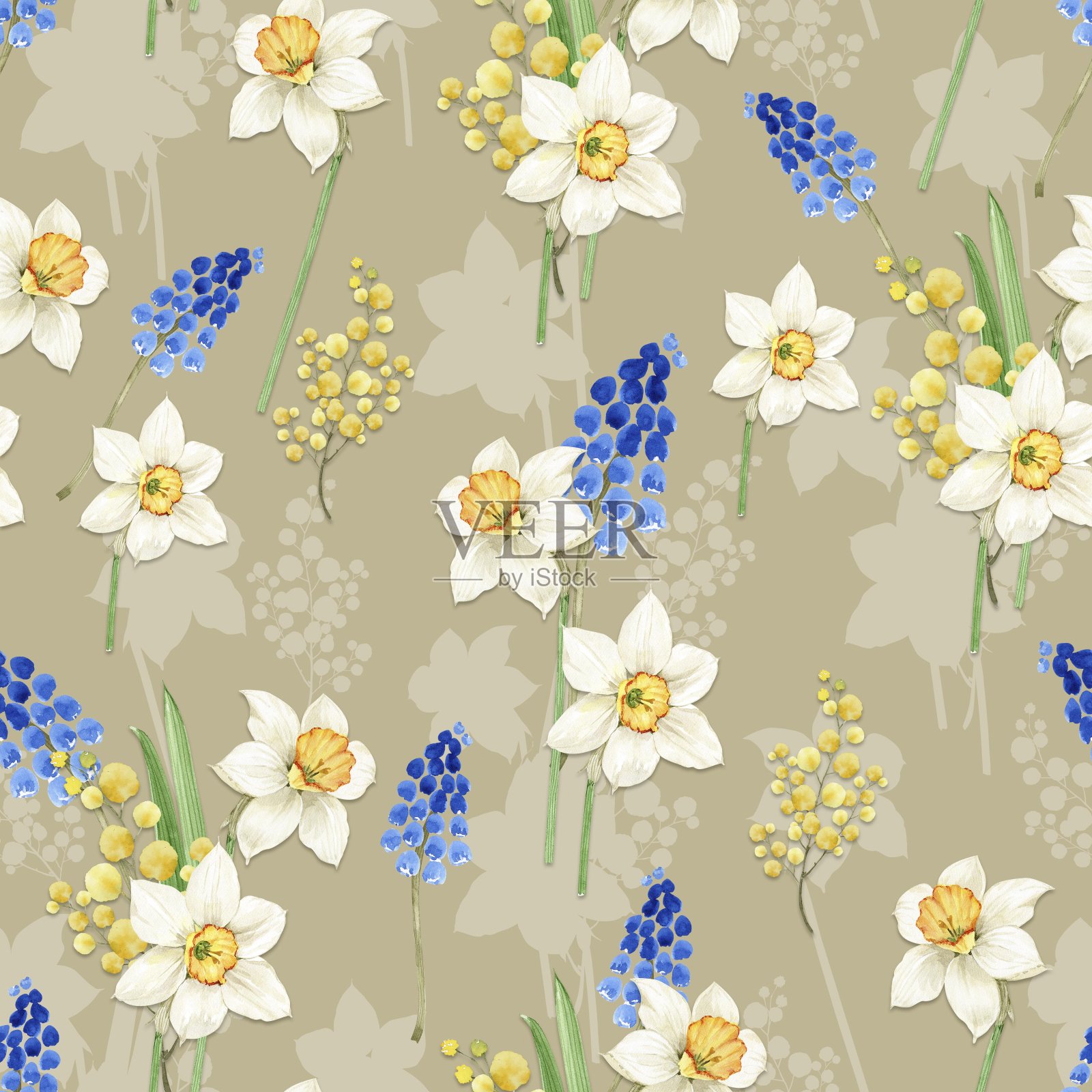 无缝模式与春天的鲜花和花束在米色背景，手绘水彩插画图片素材