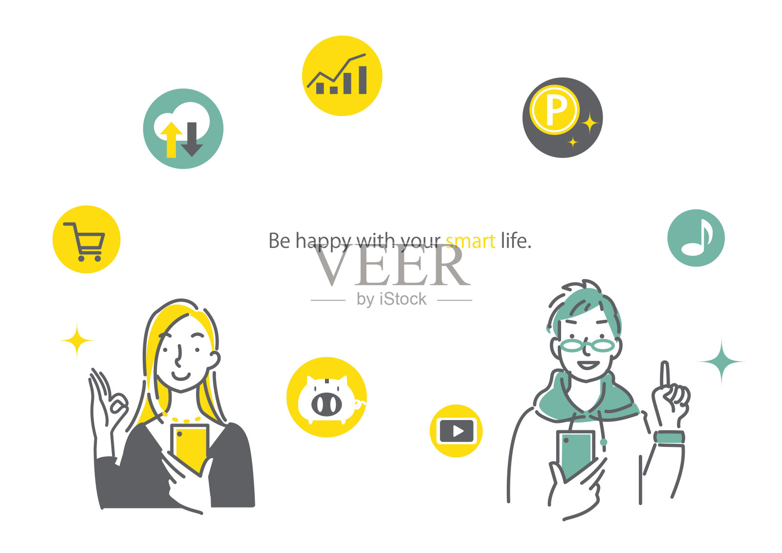 满意的智能手机，简单的插图插画图片素材