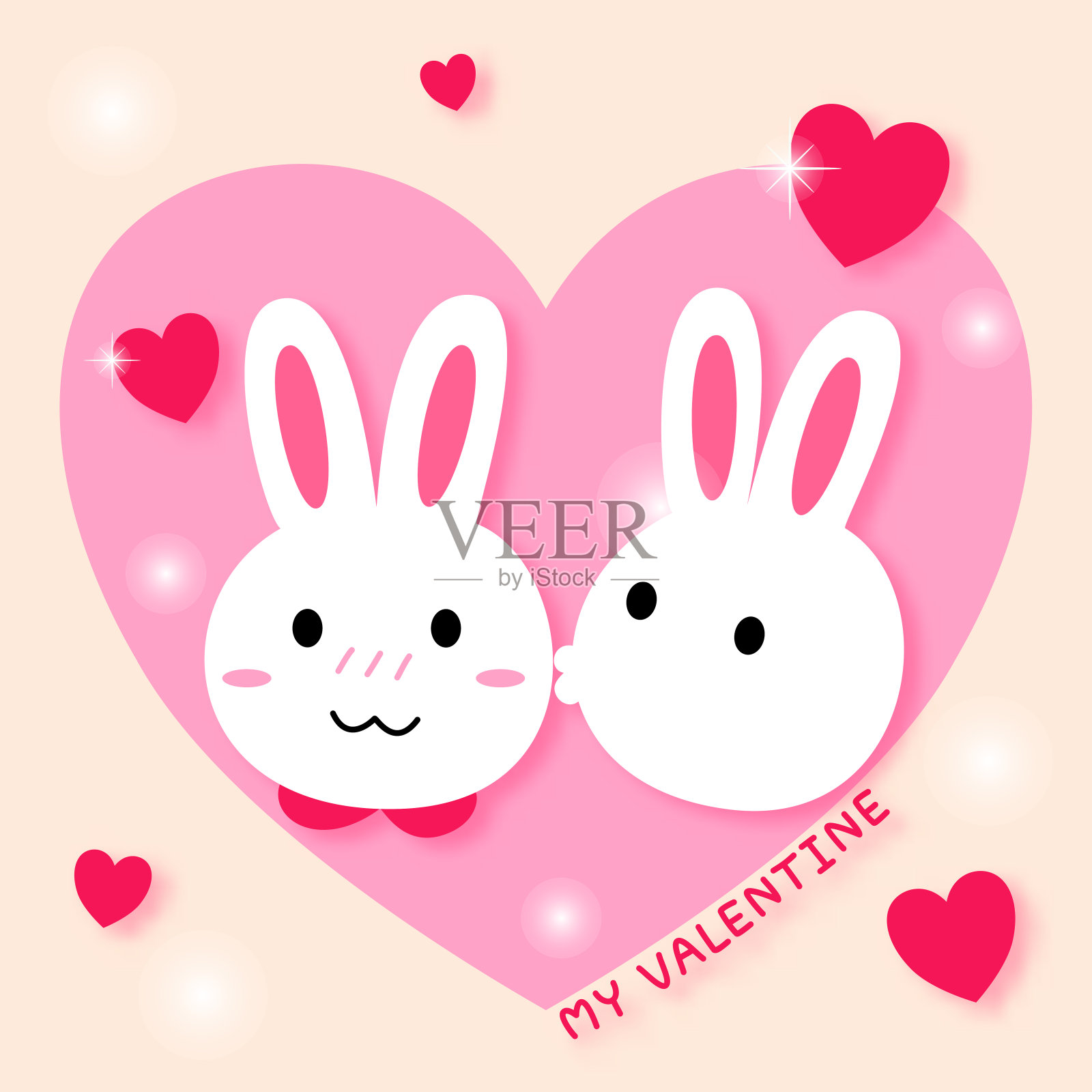 一群可爱甜蜜的心形兔子在情人节。插画图片素材