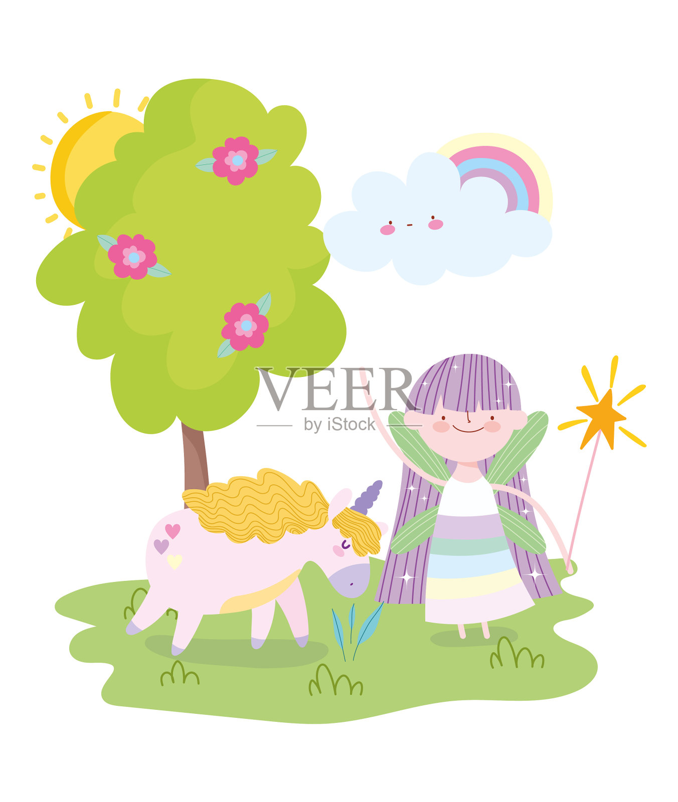 小仙女公主魔法麒麟彩虹树设计元素图片