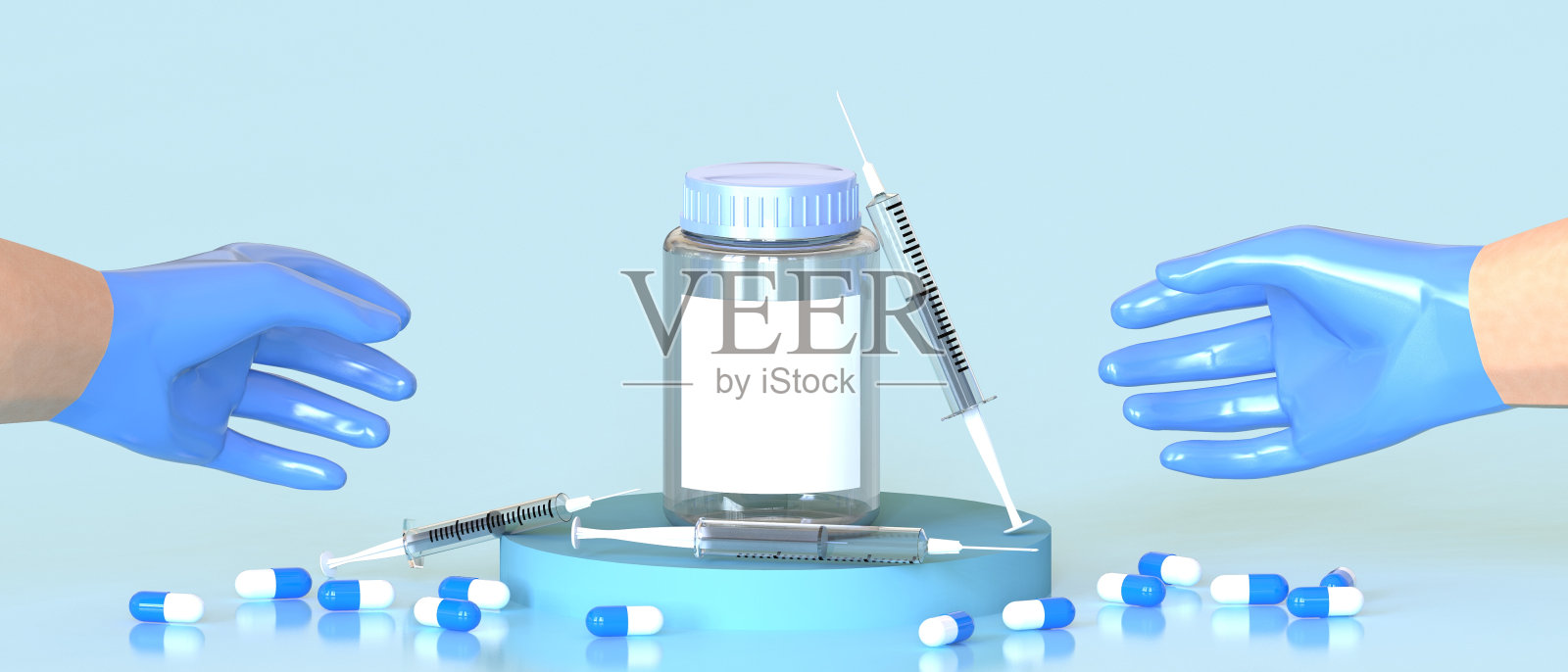 保护医疗保健。医生把手套和溢出的药丸和注射器在蓝色背景的疫苗概念- 3d渲染照片摄影图片